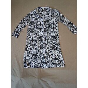 SOMA S Black White Floral Print Long Sleeve Button Front Sleep Shirt Dress